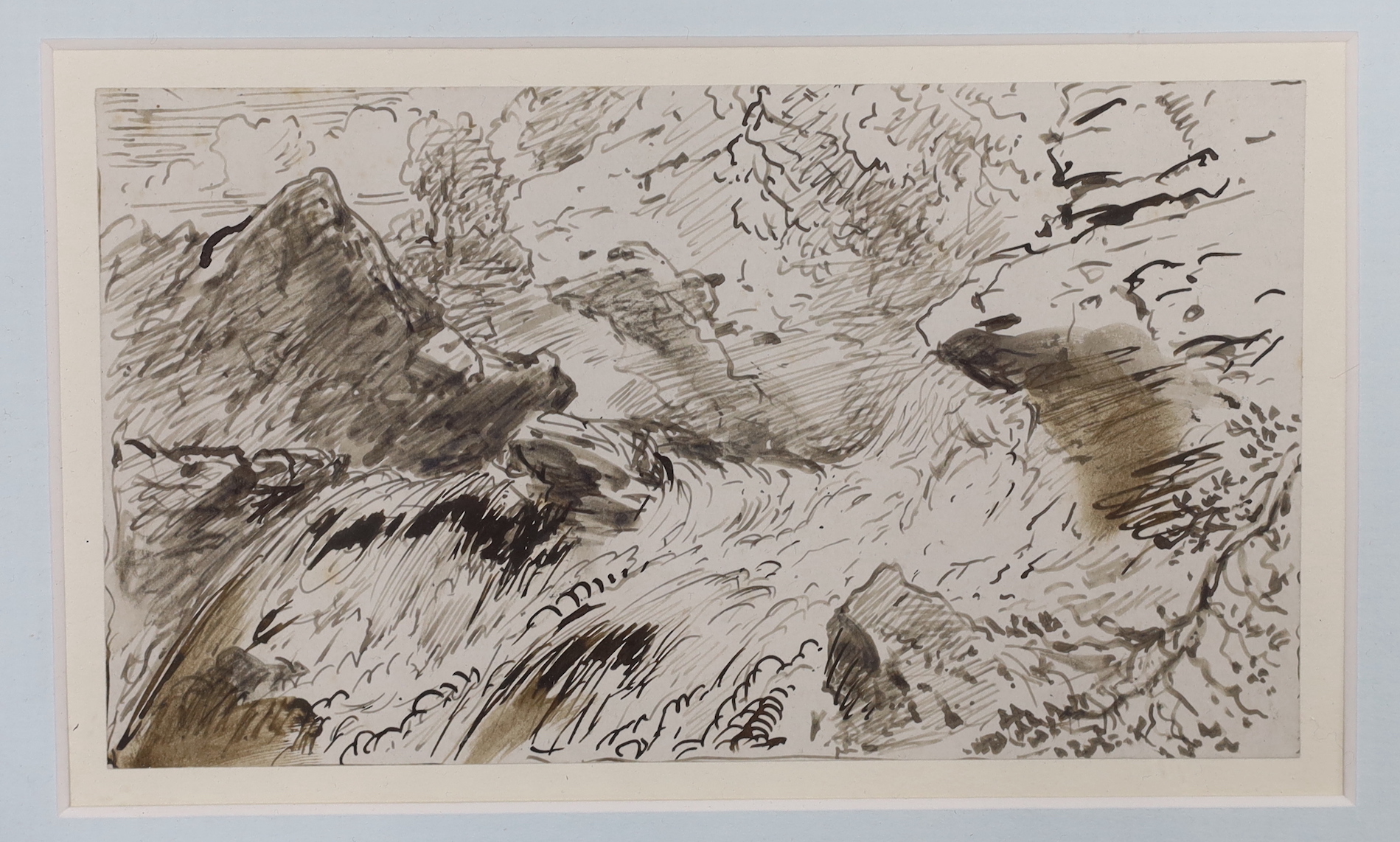 Philip William May R.I. (British, 1864-1903), pencil drawing, 'Morning Drinker, Mr Wilson Shaw', inscribed verso, 17 x 9cm, Attributed to William Roxby Beverley (1811-1889), pen and ink, Mountainous landscape, 9.5 x 16.5